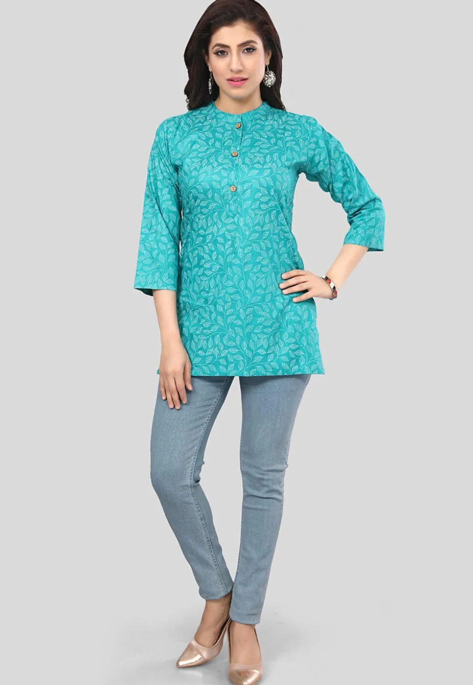 Printed Rayon Straight Kurti in Turquoise