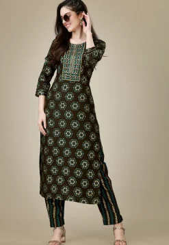 Printed Rayon Straight Kurta Set in Dark Brown