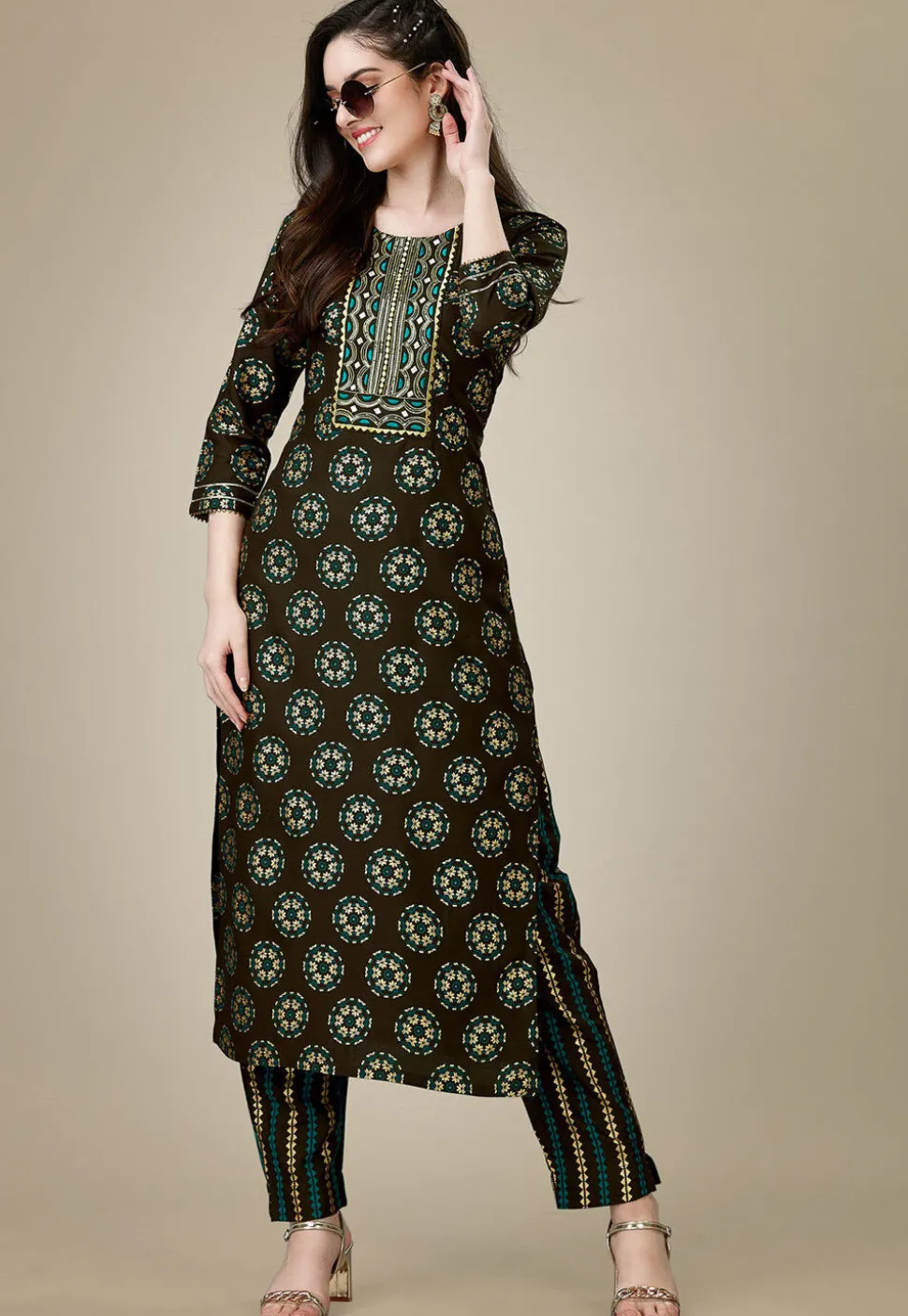 Printed Rayon Straight Kurta Set in Dark Brown