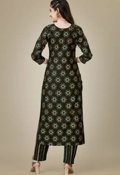 Printed Rayon Straight Kurta Set in Dark Brown
