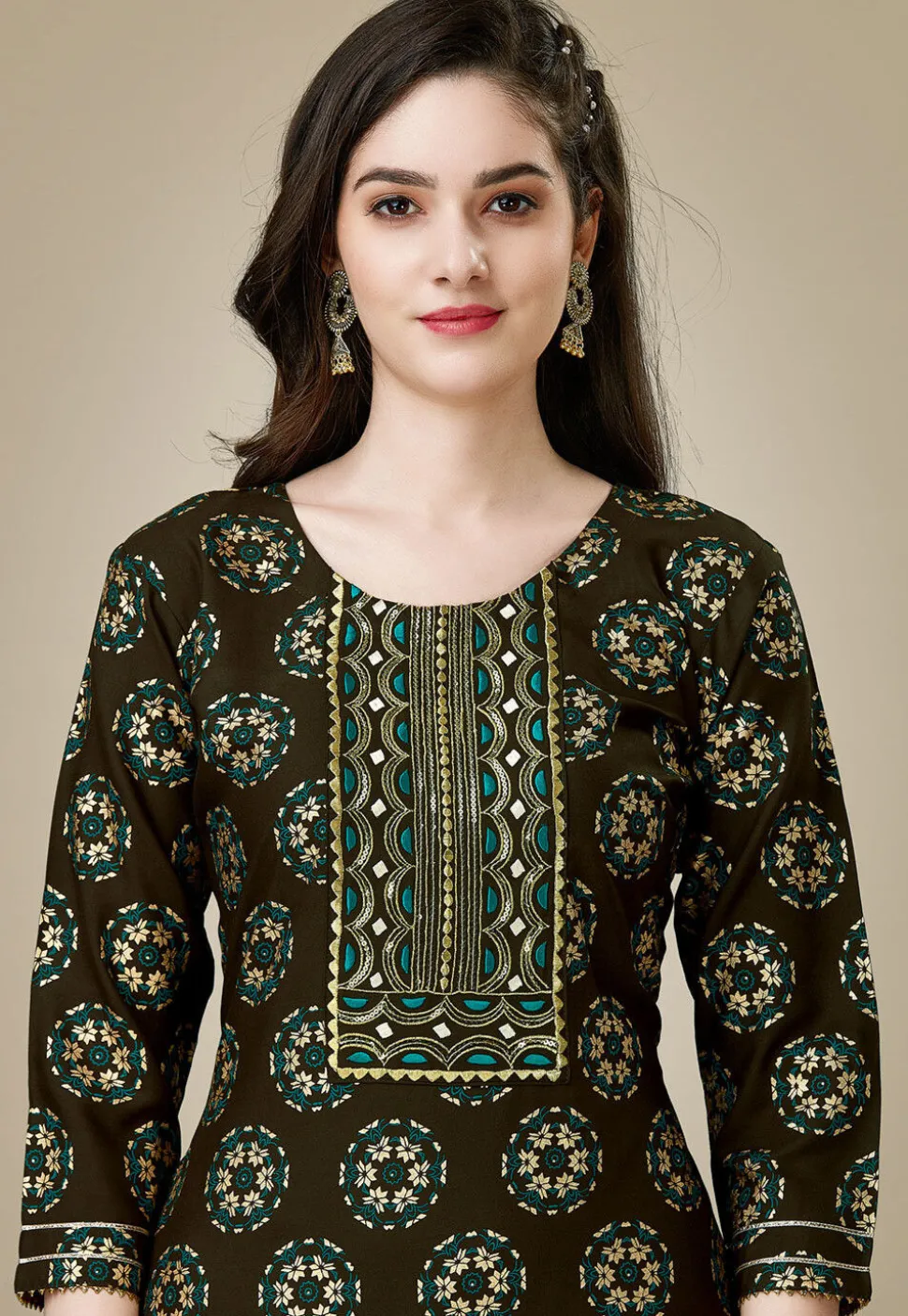 Printed Rayon Straight Kurta Set in Dark Brown
