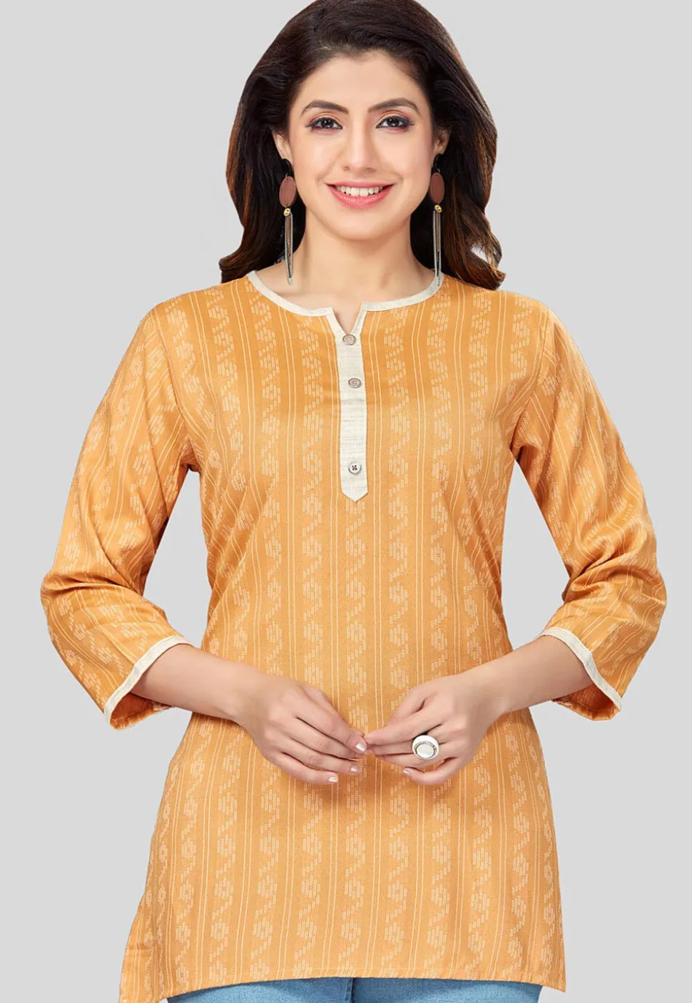 Printed Rayon Straight Kurti in Mustard