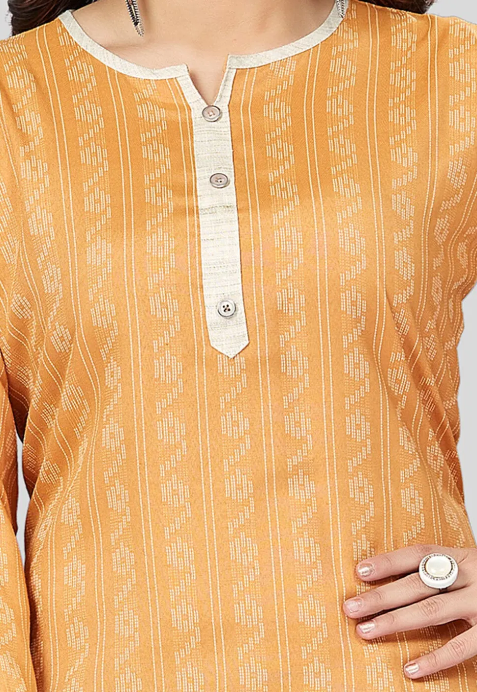 Printed Rayon Straight Kurti in Mustard
