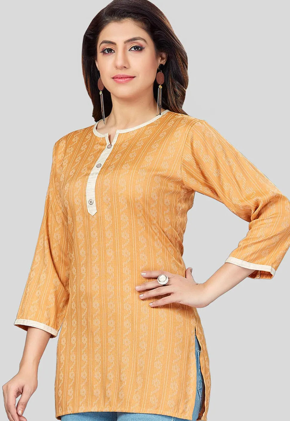 Printed Rayon Straight Kurti in Mustard
