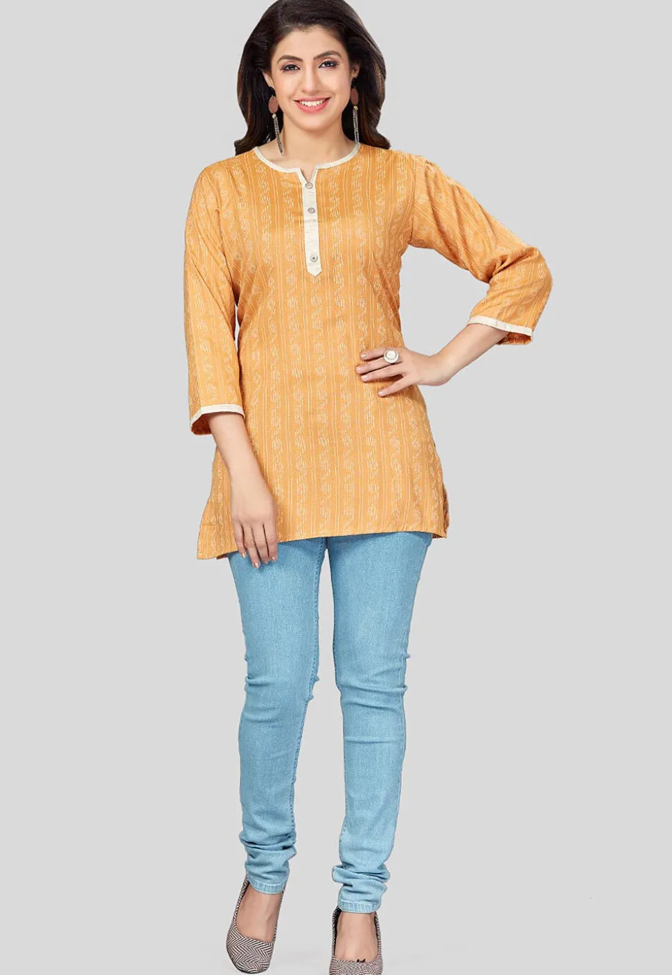 Printed Rayon Straight Kurti in Mustard