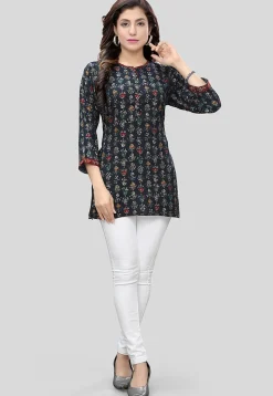 Printed Rayon Straight Kurti in Black
