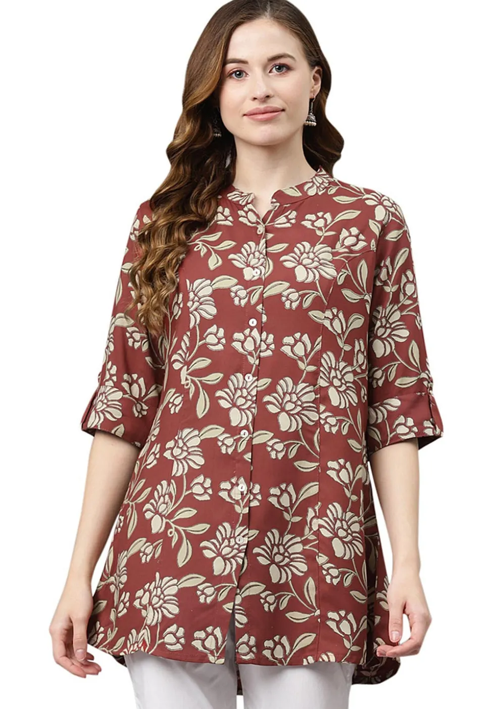 Printed Rayon Tunic in Maroon