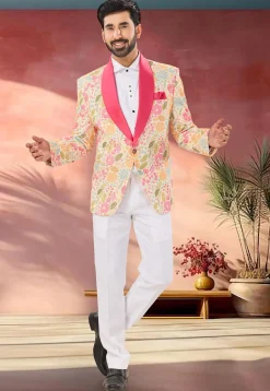 Printed Rayon Tuxedo in Cream
