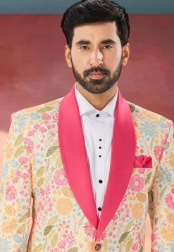 Printed Rayon Tuxedo in Cream