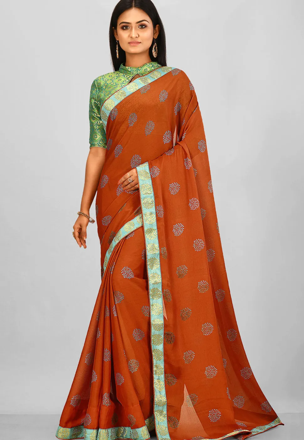 Printed Satin Chiffon Saree in Rust