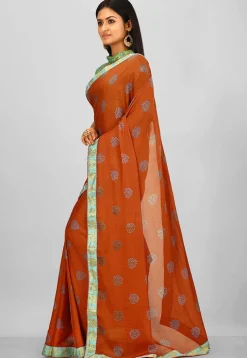 Printed Satin Chiffon Saree in Rust