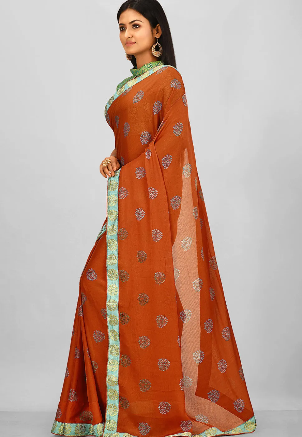 Printed Satin Chiffon Saree in Rust