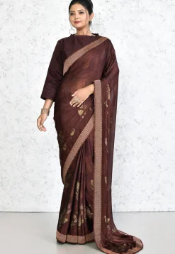 Printed Satin Chiffon Saree in Wine