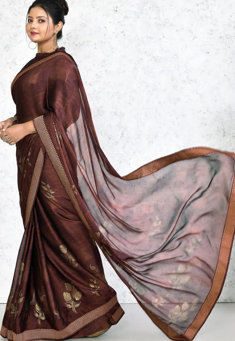 Printed Satin Chiffon Saree in Wine
