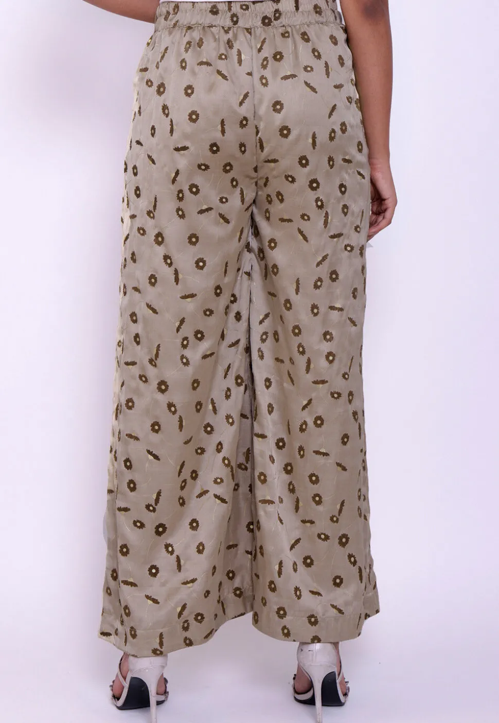 Printed Satin Palazzo in Light Beige
