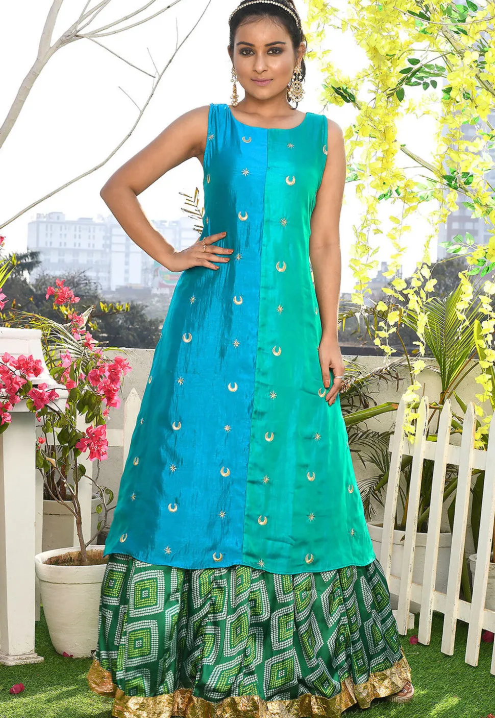 Printed Satin Silk A Line Skirt in Green