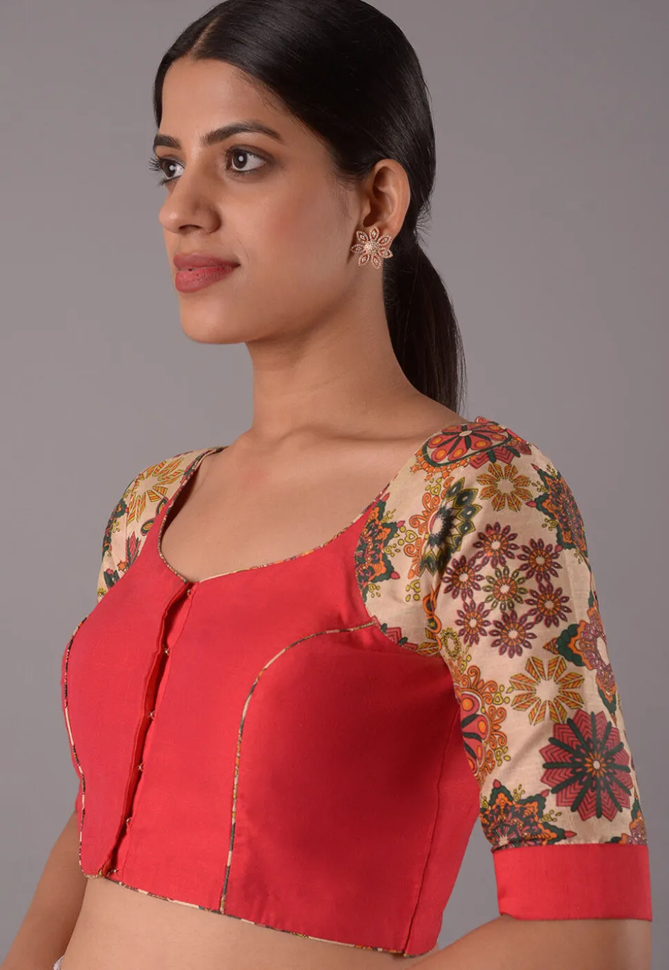 Printed Sleeve Art Silk Blouse in Red