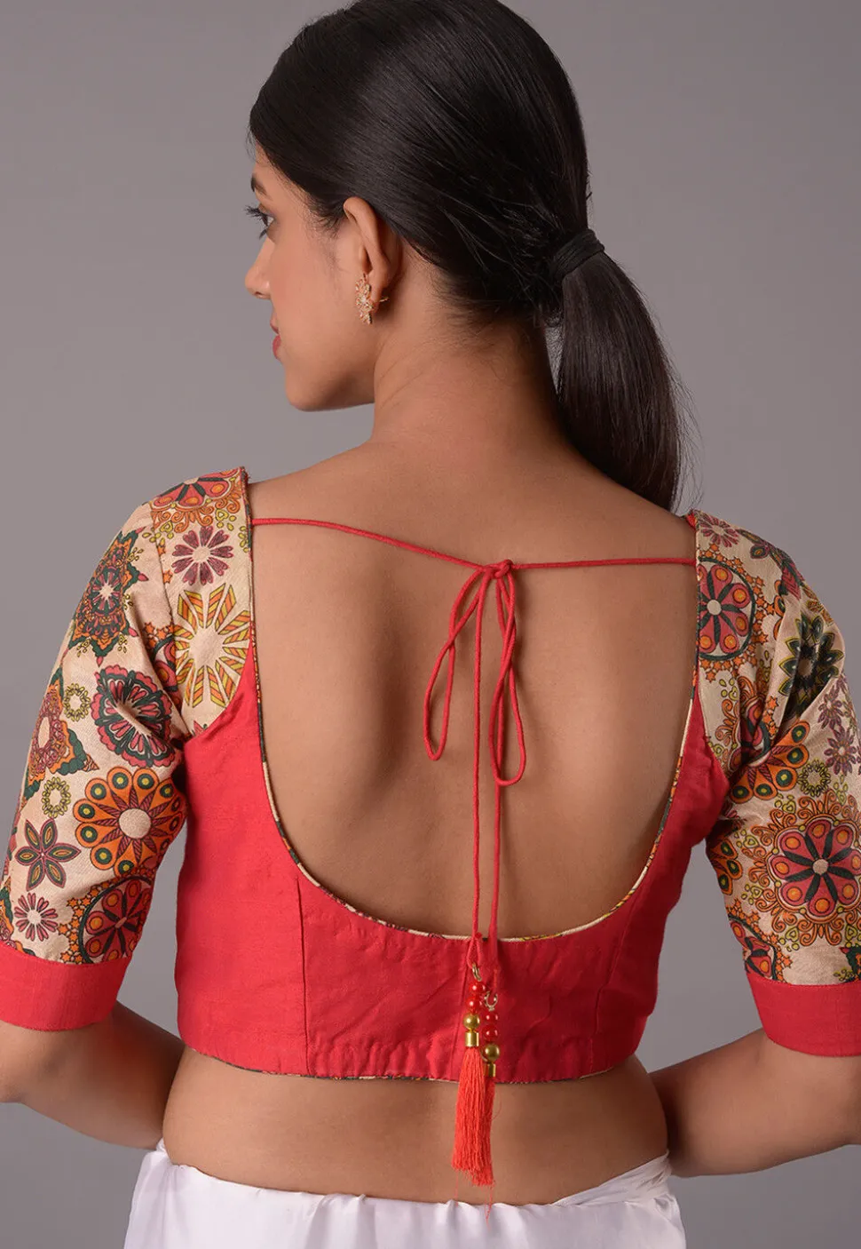 Printed Sleeve Art Silk Blouse in Red