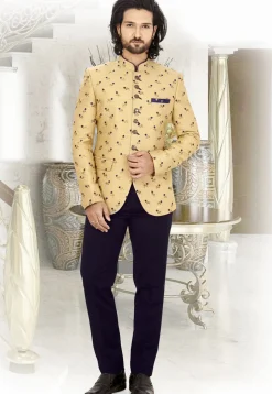 Printed Terry Rayon Jodhpuri Jacket in Beige
