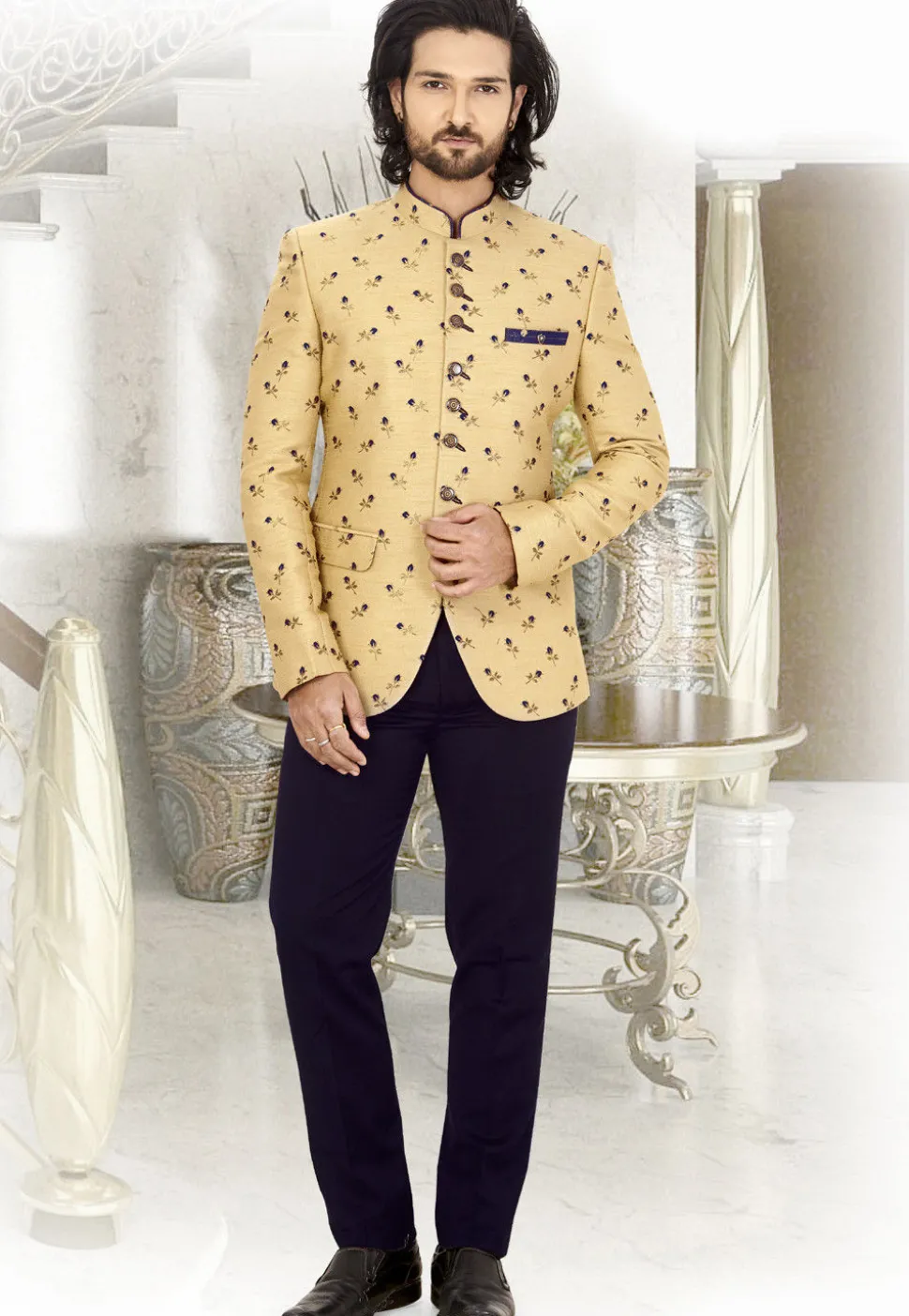 Printed Terry Rayon Jodhpuri Jacket in Beige