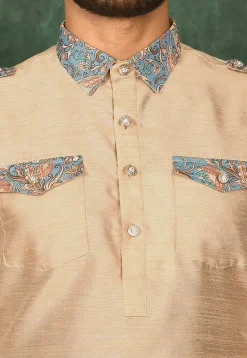 Printed Trim Art Silk Pathani Suit in Beige