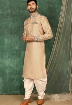 Printed Trim Art Silk Pathani Suit in Beige