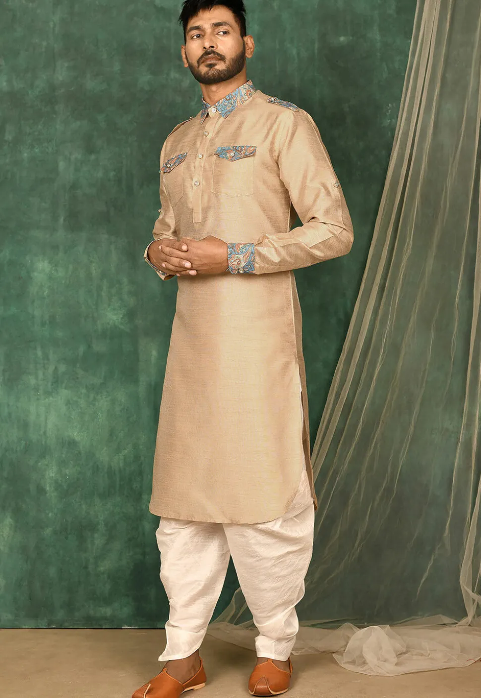 Printed Trim Art Silk Pathani Suit in Beige