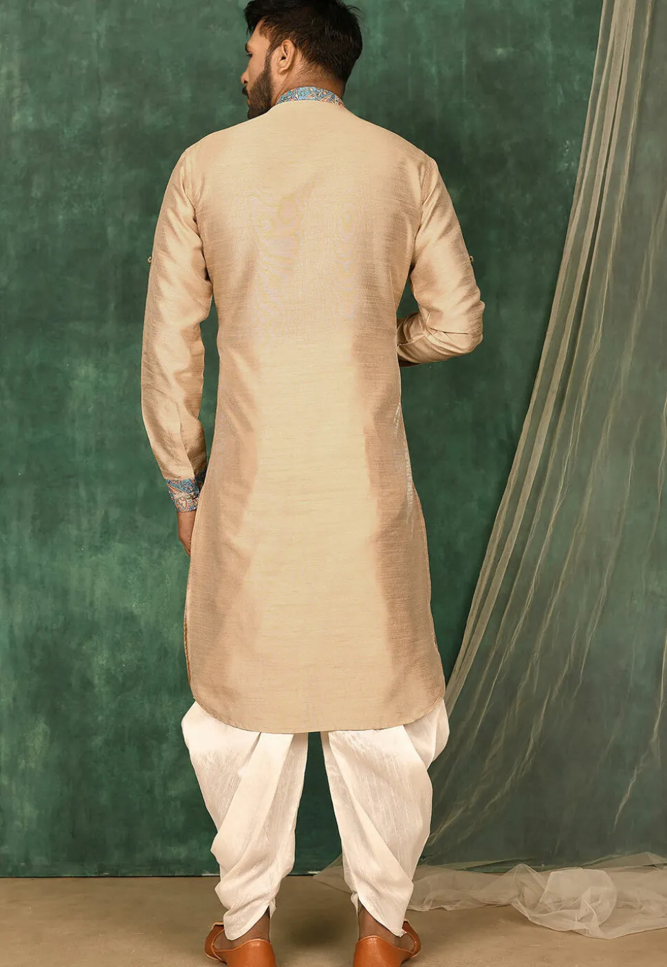 Printed Trim Art Silk Pathani Suit in Beige