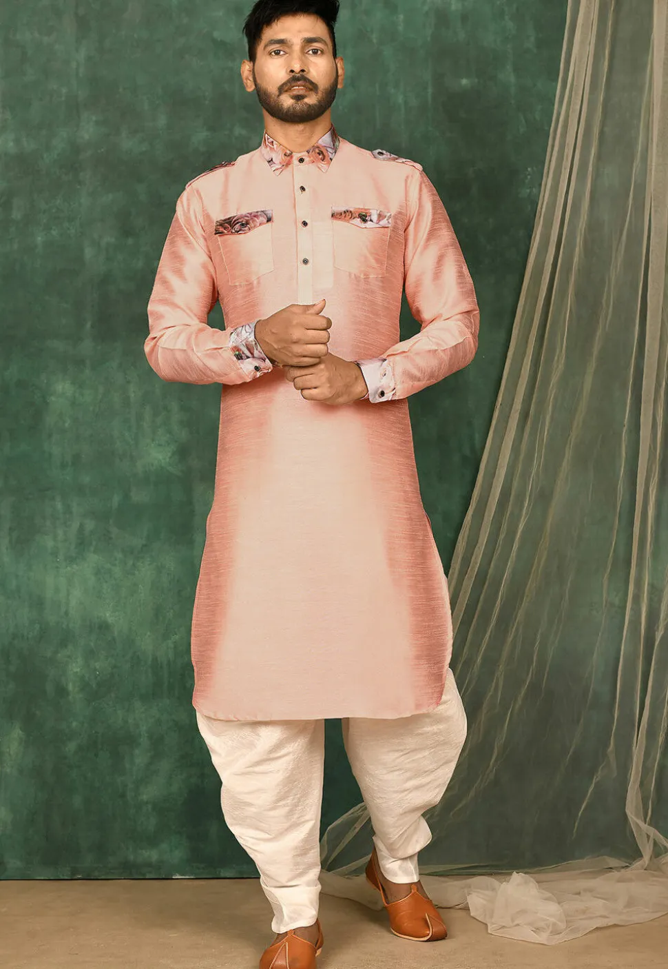 Printed Trim Art Silk Pathani Suit in Peach