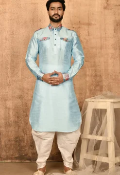 Printed Trim Art Silk Pathani Suit in Sky Blue