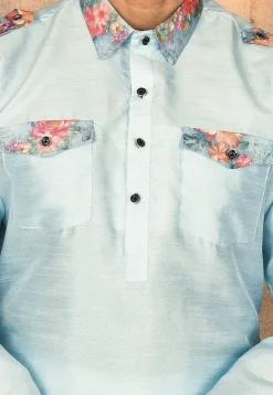 Printed Trim Art Silk Pathani Suit in Sky Blue