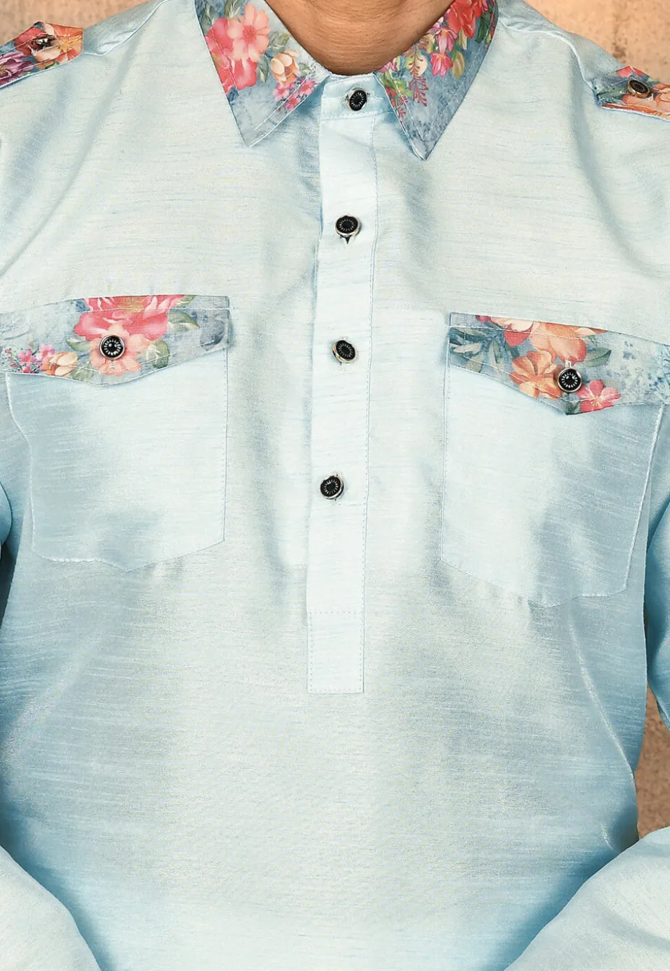 Printed Trim Art Silk Pathani Suit in Sky Blue
