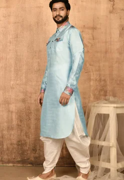Printed Trim Art Silk Pathani Suit in Sky Blue