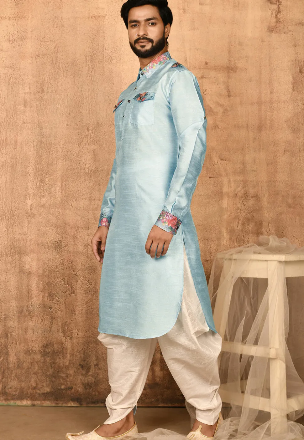 Printed Trim Art Silk Pathani Suit in Sky Blue