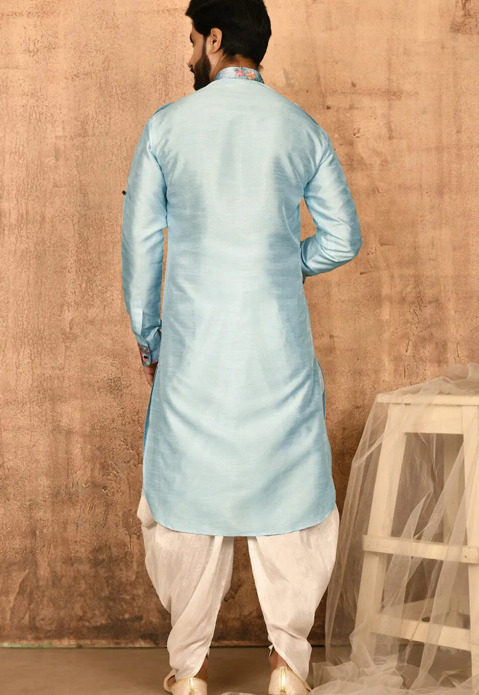 Printed Trim Art Silk Pathani Suit in Sky Blue