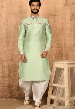Printed Trim Art Silk Pathani Suit in Pastel Green