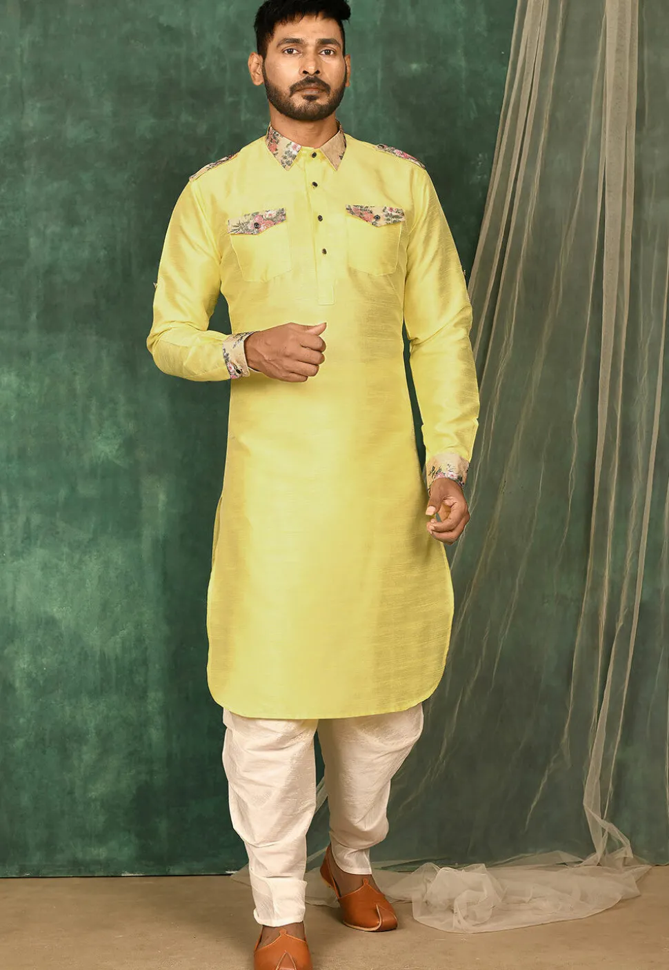 Printed Trim Art Silk Pathani Suit in Yellow