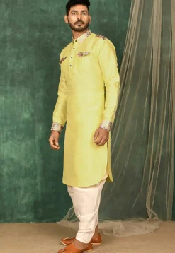 Printed Trim Art Silk Pathani Suit in Yellow