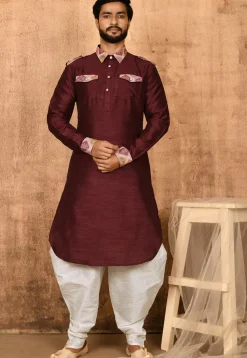 Printed Trim Art Silk Pathani Suit in Maroon