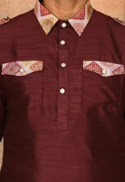 Printed Trim Art Silk Pathani Suit in Maroon