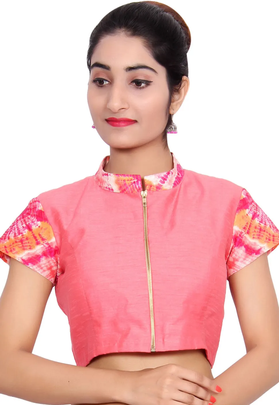 Printed Trim Bhagalpuri Silk Padded Blouse in Pink