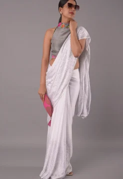 Printed Trim Crepe Blouse in Grey