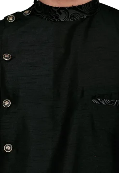 Printed Trim Dupion Silk Asymmetric Kurta Set in Black