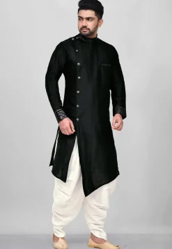 Printed Trim Dupion Silk Asymmetric Kurta Set in Black