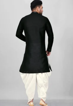 Printed Trim Dupion Silk Asymmetric Kurta Set in Black