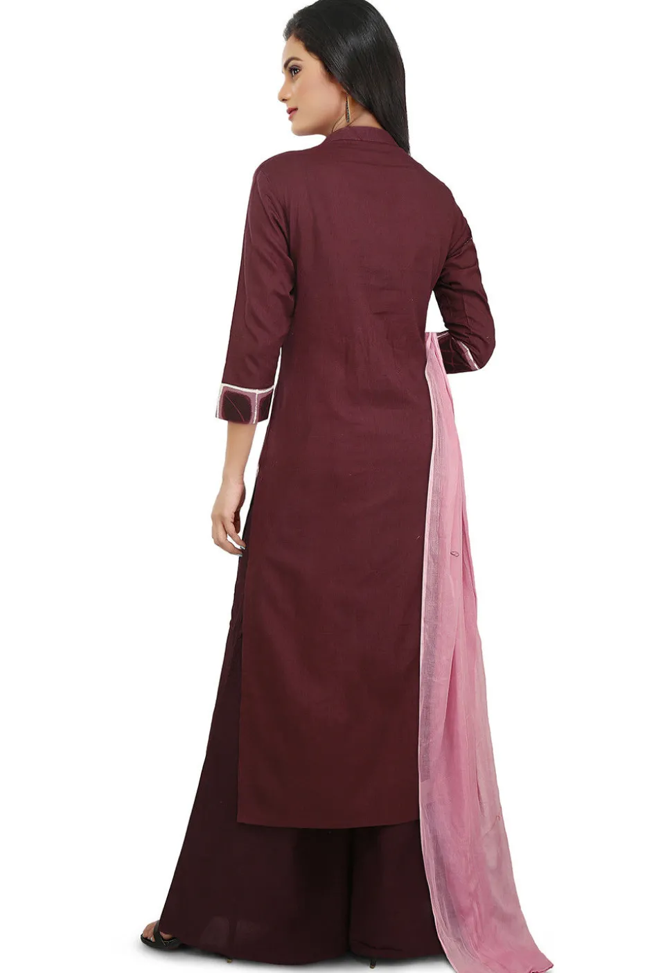 Printed Trims Cotton Straight Suit in Brown