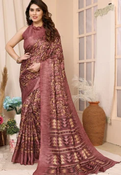 Printed Tussar Silk Saree in Maroon