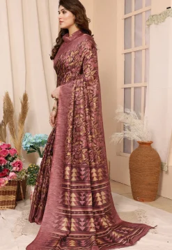Printed Tussar Silk Saree in Maroon