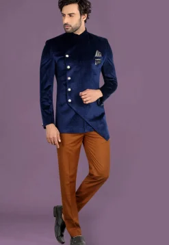 Printed Velvet Asymmetric Jodhpuri Suit in Navy Blue