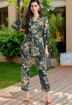 Printed Viscose Rayon Co Ord Set in Teal Blue